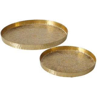 2 STK Tablett Gold Farben Aluminium gehämmert 30cm und 20cm Tabletts Dekotablett Set Metalltablett b878 Orient Marokko orientalisch Kerzentablett Serviertablett