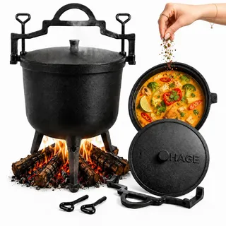 HAGE Gulaschkessel Gusseisen 8L mit Deckel und Standfüßen Dutch Oven Feuertopf für Lagerfeuer Grill Camping Ungarischer Gulaschtopf Schmortopf für Eintopf Suppe Fleisch und BBQ