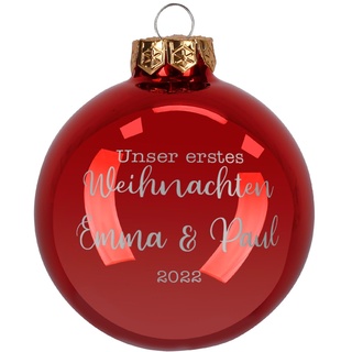 Herz & Heim® Weihnachtskugel aus Glas mit persönlicher Gravur/Rot oder Weiß/Matt oder Hochglanz/Ø 8 oder 10 cm/Verschiedene Motive Ø 10 cm, Rot Hochglanz, Unser erstes Weihnachten