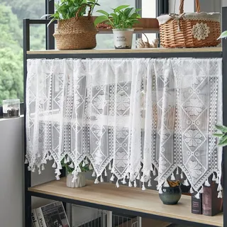 Jeeman Scheibengardinen mit Fransen Kleeblatt Häkelspitze Kurzgardine Boho | Vintage Spitzen Vorhange Halbe Gardinen Fenster Landhausstil Bistrogardine Küche Kleine Fenster Weiß HxB 60x150cm 1 Stück