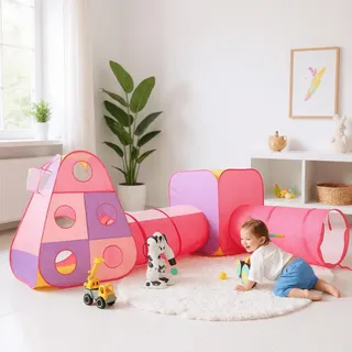 4 in 1 Kinder Spielzelt mit Tunnel, Pop Up Kinderzelt krabbeltunnel Baby Bällebad Zelt Faltbar Drinnen Draußen Mädchen Jungen Spielzeug Geschenk... - Rosa