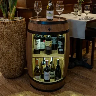 Holzfass Hausbar mit LED-Leuchten - Weinschrank im Retro Stil - Weinregal - Weinbar - Fass Bar - Weinfass Bar - Weinregal Holz - Minibar - Holzbar ... - Dunkelbraun