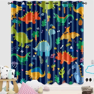 Verdunkelungsvorhang mit Dinosaurier-Motiv Cartoon-Dino Tropischer Pflanzendruck Fensterbehandlung Geräuschreduzierender Raum mit Ösen Vorhang mit Ösen für Kinderzimmer, B118 cm x L137 cm x 2 Stück