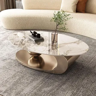 Ovaler Couchtisch, einzigartige Couchtische, Couchtisch mit Marmorplatte und Metallstahlrahmen, stabil und einfach zusammenzubauen, für Wohnzimmer, Büro, Heimdekoration (A 130 x 70 cm)