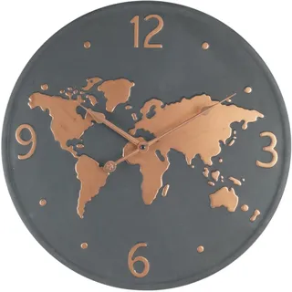 Rebecca Mobili Wanduhr, Metall Wanduhr, Welt Design, Dunkel Grau Kupfer Braun, Rund, Wohnzimmer Küche - Durchmesser 45 cm x T 4,5 cm - Art. RE6597