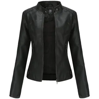 Kaiyei Damen Slim PU Lederjacken Dünne Stehkragen Frühjahr Herbst Langarm Elegant Lederimitat Kurz Jacke Bikerjacken Reißverschluss Schwarz M - M