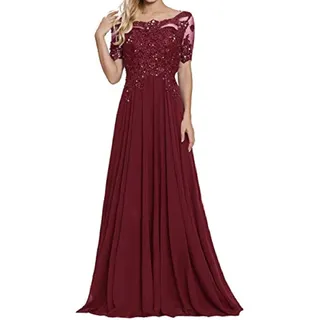 yhfshop Elegant Party Cocktailkleid,Schulter-Kurzarm-Partykleid mit Spitzenapplikationen-Rotwein_40,Damen Brautjungfernkleider