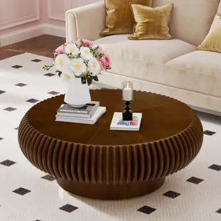 WUPDPQS Runder Couchtisch, Walnuss, 80cm | Für Wohnzimmer, Holz Geriffelter, Trommelform, Mid-Century-Stil, Niedriger Kaffetisch, Für Kleine Räume
