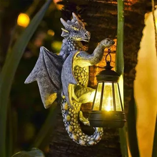 Gartenfiguren für Draußen – Gartendeko mit LED Solar Lichtern – Lustige Drachen Skulptur für Garten, Zaun & Baum – Solarleuchten – Geschenk