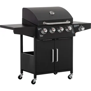 Gasgrill BBQ mit 3 Brennern je 3 kw mobiler Grillwagen mit 4 Rädern Grillnetz Seitentischen Druckminderer Schläuche Schrank Multifunktion Metall ... - Schwarz