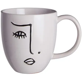 BUTLERS Tasse Steinzeug - LINE ART - spülmaschinenfest | Farbe Weiß - 350 ml - Cappuccinotassen für Kaffeepausen - Teetassen für Heißgetränke - Gesichts-Motiv