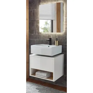 Furn.Design Badmöbel-Set Glide, (in weiß Hochglanz mit Eiche, 2-teilig, Breite 60 cm), inklusive LED Beleuchtung weiß