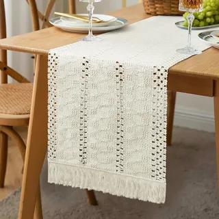 GlasFlength Tischläufer Boho 30x180cm, Outdoor landhausstil Tischläufer Modern Baumwollflachs Beige Table Runner Vintage Tischdecke mit Quasten Abwaschbar Läufer Tisch für Hochzeit Küche Esstisch Deko