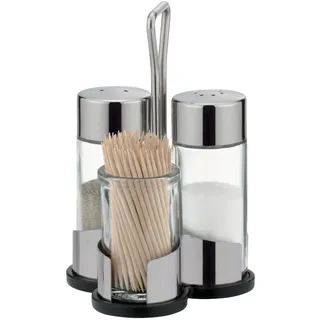 Tescoma CLUB Set mit Salzstreuer Pfefferstreuer und Zahnstocherhalter auf Edelstahlständer elegantes Tischzubehör aus Glas und Edelstahl für Küche Esstisch Gastronomie und gedeckten Tisch