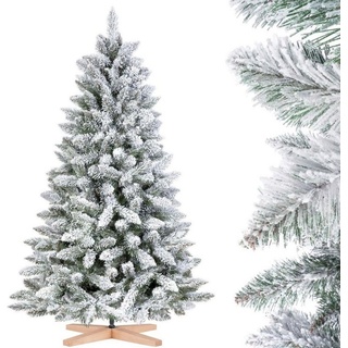 Fairytrees Künstlicher Weihnachtsbaum FT13, Fichte Natur-Weiss mit Schneeflocken, und Echtholz Baumständer grün 150 cm