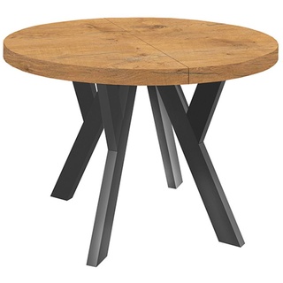 Runder Ausziehbarer Tisch für Esszimmer, PERO, Loft-Stil, Skandinavische, Durchmesser: 100 / 200 cm, Farbe: Eiche Lancelot / Schwarz