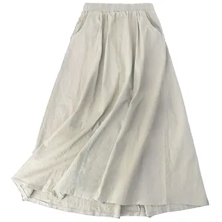 Röcke Damen,Damen Leinen Baumwolle Rocke Elastische Taille Midi Langer Rock Böhmischer Stil Einfarbiger Rock (Beige,Eine Größe,DE/NL/SE/PL,Alphanumerisch,Einheitsgröße) - Einheitsgröße