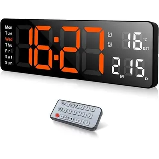 Digitale Wanduhr 13 Zoll LED groß mit Fernbedienung und Kalender - Schwarz