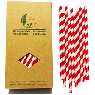 Rot Weiß Gestreift Papier Trinkhalme, 100 Stück Biologisch Abbaubar Red Striped Strohhalme für Hochzeit, Geburtstag, Cocktail Party, Cocktail Deko