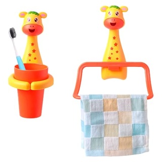 Jauhmui Zahnputzbecher Handtuchhalter Set für Kinder, Cartoon Tiere Zahnbürstenhalter, Zahnbürstenhalter ohne Bohren,Reinigungsmittel Für Babys (Giraffe)