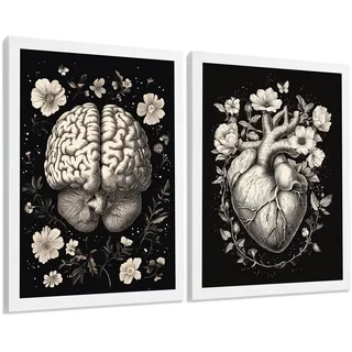 POSTER Set aus 2 Anatomie Mensch Drucke und Wandbilder mit Gehirn und Herz Monochromes Florales Design Schwarzer Hintergrund Größe Weißer Rahmen A4