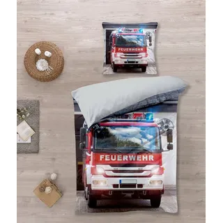 KK Shopping Kinderbettwäsche Bettwäsche Feuerwehr Auto 80 x 80 und 135 x 200 cm, 1 teilig