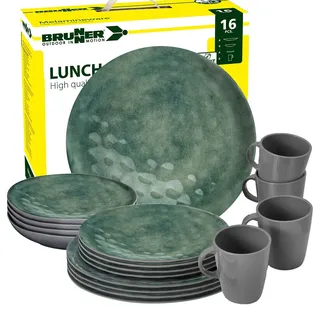 BRUNNER Camping-Geschirr-Set Melamin 2-4 Personen | 16-Teilig - Teller, Schüsseln & Becher | Lunch Box Venetian SEA Green- Für Wohnmobil, Wohnwagen & Boot - Bruchfest, Leicht & Anti-Slip