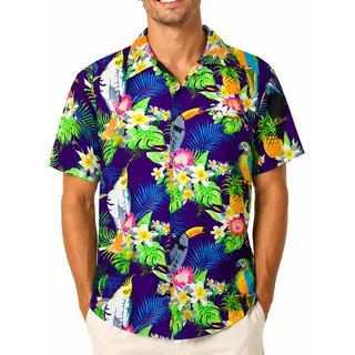 King Kameha Funky Hawaii Hemd Männer - Tropisches Hawaiihemd Herren Kurzarm mit Papageien & Blumen Motiv - M
