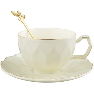 fanquare Vintage Gelbe Teetasse mit Löffel, 200ml Kaffeetasse mit Untertasse, Porzellan Teetasse für Espresso, Cappuccino