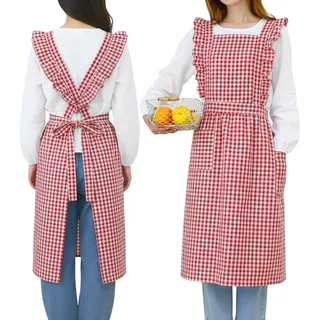 MiOYOOW Vintage Schürzen, Küchenschürze aus Baumwolle mit Karomuster, Rüschen und 2 Kleinen Taschen, Gartenschürze für Frauen zum Kochen, Backen, Grillen und für Cafés.
