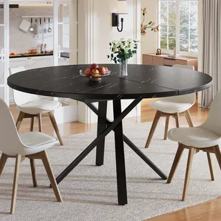 Merax Runder Esstisch Ausziehbar für 4-8 Personen, Moderner Esstisch Rund-Oval Esszimmertisch, Küchentisch Klein mit Stabilem Metallgestell, Platzsparender Tisch für Esszimmer, 100-140cm, Schwarz