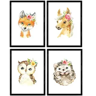 POSTER Set mit 4 Igel Pferd Fuchs und Eule A4 Rahmenlos