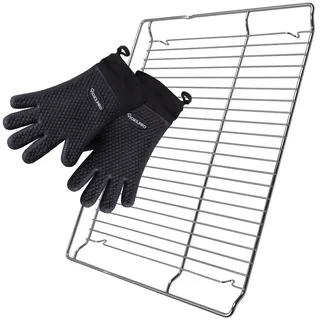 VIOKS Backofenrost Grillgitter Ersatz für Bosch 00577170, Metall / Silikon, 455 x 375 mm + 2 hitzebeständige Grillhandschuhe für Backofen schwarz|silberfarben