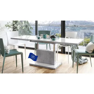Mazzoni Aston Couchtisch ausziehbar höhenverstellbar 120/200cm in Weiß Hochglanz/Beton modern vielseitig Wohnzimmertisch Esstisch Beistelltisch Sofatisch platzsparend hochwertig Wohnzimmer