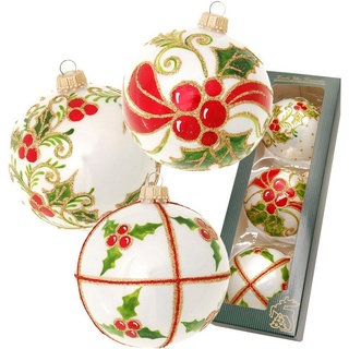 Krebs Glas Lauscha Weihnachtsbaumkugel Stechpalme, mundgeblasen und handbemalt (3 St), Weihnachtsdeko, Christbaumschmuck, Christbaumkugeln aus Glas weiß