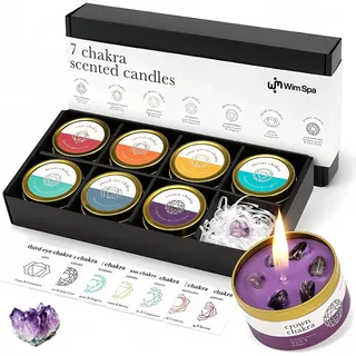 Wim Spa 7 Chakra Duftkerzen Set – Handgegossen aus Sojawachs & 10% ätherischen Ölen – Mit Amethyst-Druse & Kristallen – Geschenkset für Meditation, Yoga & Achtsamkeit [Das Original]