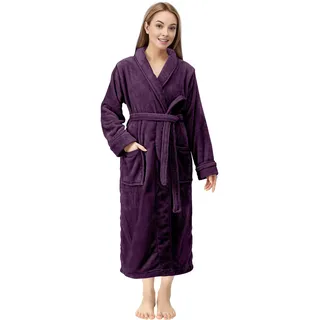 NY Threads Damen-Bademantel aus Fleece, Schalkragen, weicher Plüsch, Spa, pflaume, Large - L