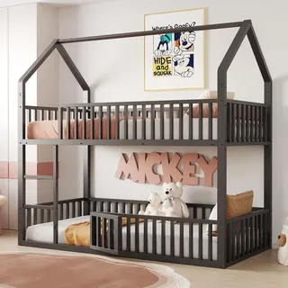 Merax Etagenbett 90x200cm mit Schutzgitter, Haus-Design mit Tür, Kinderbett Metallbett mit Treppe, Doppelbett stabil & sicher, Schwarz - Schwarz