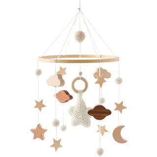 GLITZFAS Sterne Mobile Baby, Mobile Babybett, Mobile Baby Holz mit Häkelnadel 3D Wolken, Hängende Bettglocke Mobile für Babybett Jungen und Mädchen (Beige)