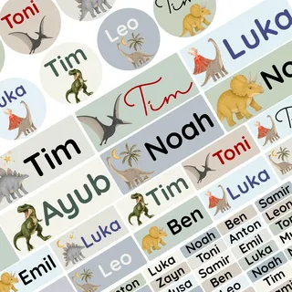 Petite Print® Namensaufkleber Kita-Set – (150 Stück) personalisierte Namensetiketten für Kleidung, Stifte & Gegenstände, wasserfest & waschmaschinenfest (Dino Trex)