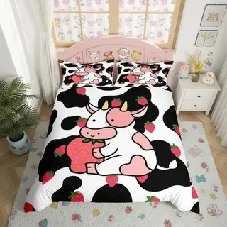 Bettwäscheset 135x200cm Kuh Erdbeere Rosa Mikrofaser