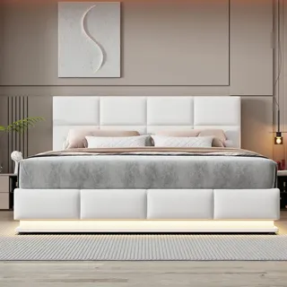 Flieks Hydraulisches Boxspringbett 180x200cm, Polsterbett mit Stauraum und Led, Doppelbett mit Lattenrost, Stauraumbett Jugendbett, Weiß - Weiß
