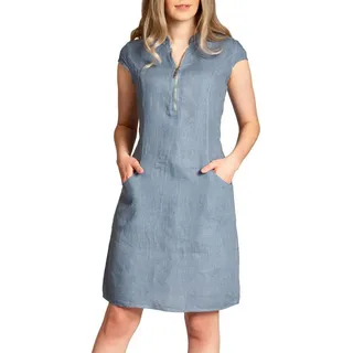 Sommerkleid SKL040 knielanges Damen Sommer Leinenkleid mit Reißverschluss Ausschnitt blau 38