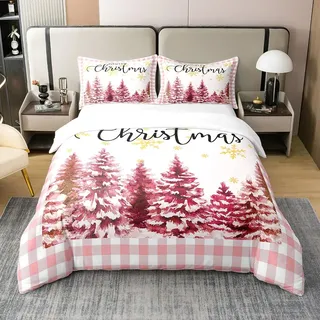Weihnachten 100% Baumwolle Bettbezug 135x200 Mädchen Nette Kawaii Bettwäsche Set Rosa Weihnachtsbaum Tröster Abdeckung Geometrische Gitter Büffel Goldene Schneeflocke Bett Sets mit 1 Kissenbezug