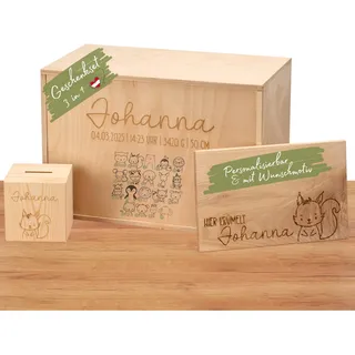 Waldviertler Geschenke® Sparset zur Geburt – Erinnerungsbox mit Schiebedeckel + personalisierte Spardose + Krümelbrett mit Name – handgefertigt & individuell graviert