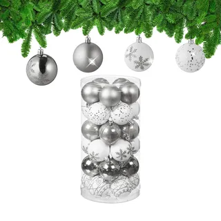 Relaxdays Weihnachtskugeln im 30er Set Kunststoff, D: 6 cm, runde Weihnachtsbaumdeko, Baumschmuck bruchsicher, silber/weiß