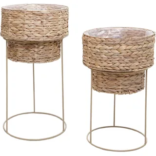 2er-pflanzentopf-set Hhg-904, Pflanzkasten Pflanzkübel Blumentopf, Metall Wasserhyazinthe Natur, Gestell Beige