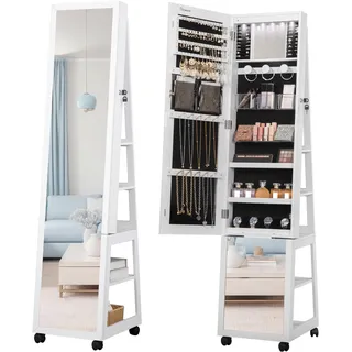 Hzuaneri 6 LEDs Schmuckschrank, 159 cm hoch stehenden Schmuck Schrank Veranstalter, abschließbar in voller Länge Spiegel mit 4 Rädern, große 5-Tier-Schmuck Storage Rack, weiß JC35303BV1