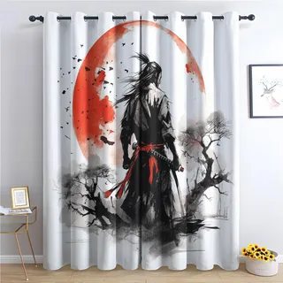 SZLYZM Vorhänge Japanischer Samurai, Verdunkelungsvorhang 2er Set - Vorhang Blickdicht Orientalisch Muster, Thermovorhang für Deko Wohnzimmer Schlafzimmer, Gardinen mit Ösen 175x140 cm HxB (Qe-&340)