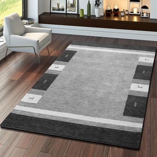 TT Home Teppich Indischer Gabbeh Handgefertigt Qualität Wolle Meliert Borde In Grau, Größe:160x230 cm